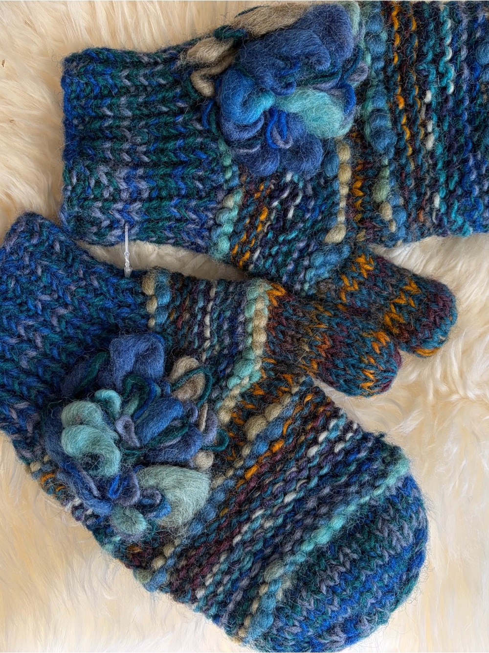 Handmade Blue Multi-Color Women’s Small Wool Mittens with Flower Accent